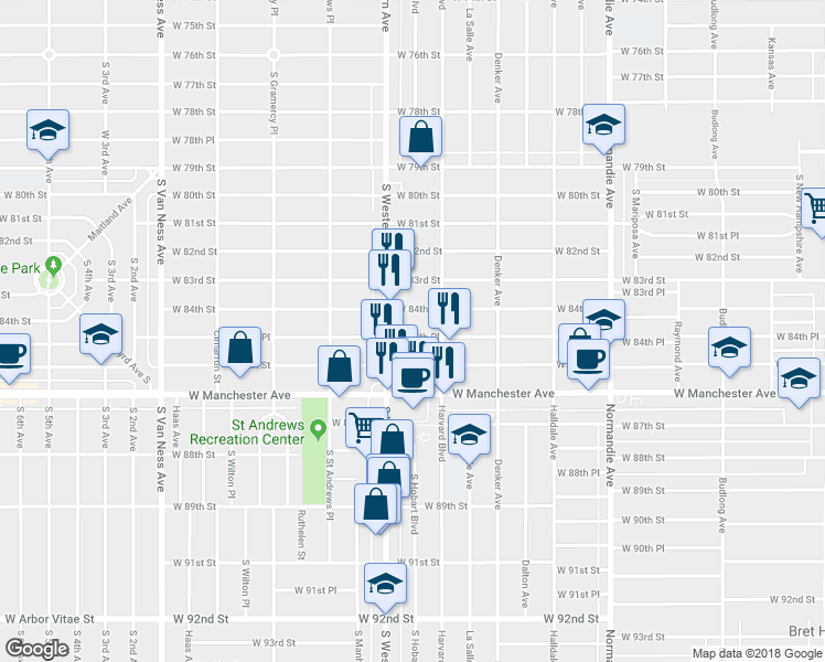 map of restaurants, bars, coffee shops, grocery stores, and more near 1732 West 84th Place in Los Angeles