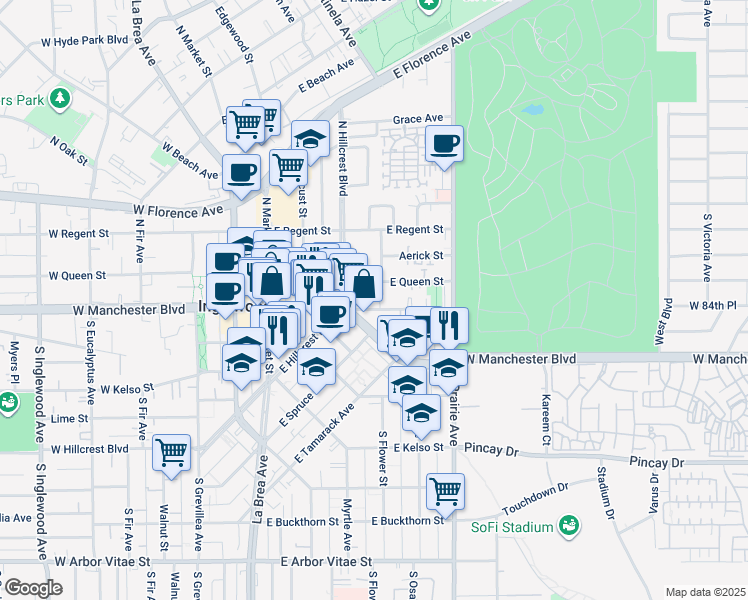 map of restaurants, bars, coffee shops, grocery stores, and more near 536 Manchester Terrace in Inglewood