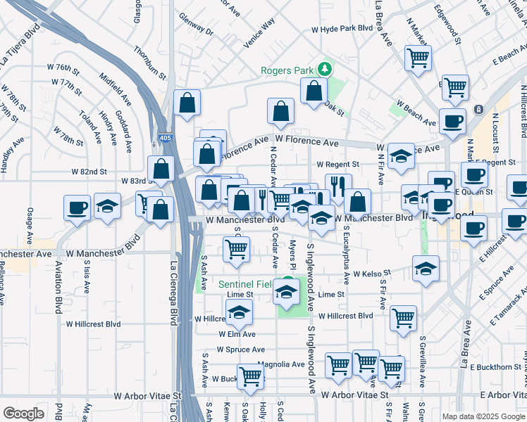 map of restaurants, bars, coffee shops, grocery stores, and more near 522 West Manchester Boulevard in Inglewood