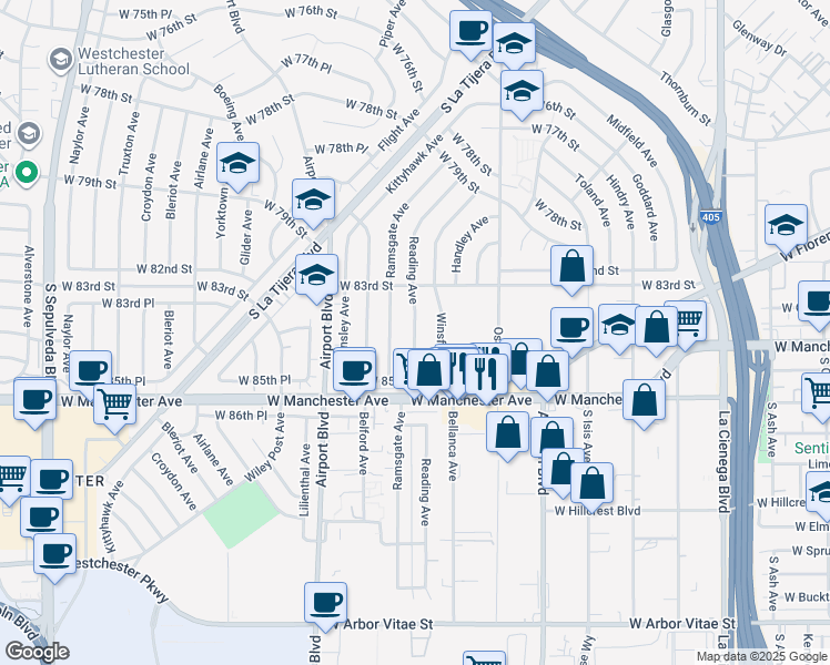 map of restaurants, bars, coffee shops, grocery stores, and more near 8421 Winsford Avenue in Los Angeles