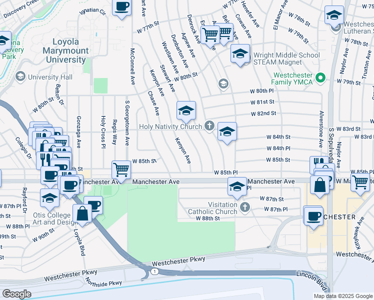 map of restaurants, bars, coffee shops, grocery stores, and more near 8369 Kenyon Avenue in Los Angeles