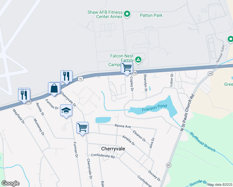 map of restaurants, bars, coffee shops, grocery stores, and more near 4325 North Lake Cherryvale Drive in Sumter