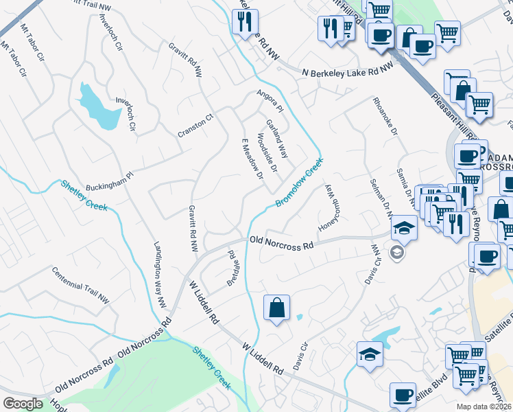 map of restaurants, bars, coffee shops, grocery stores, and more near 4022 Creek Hollow Way in Duluth