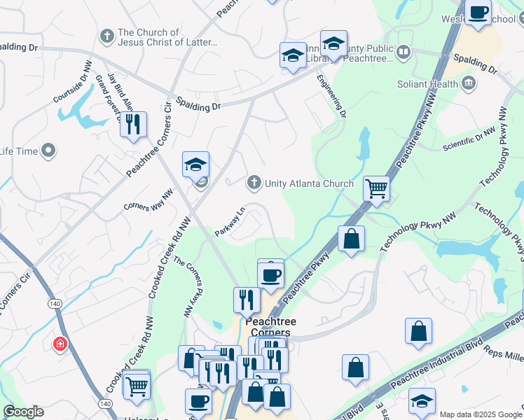 map of restaurants, bars, coffee shops, grocery stores, and more near 5298 Terrace Bend Place in Peachtree Corners