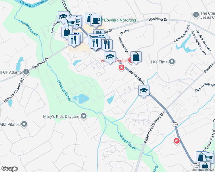 map of restaurants, bars, coffee shops, grocery stores, and more near 3827 Moran Way in Norcross