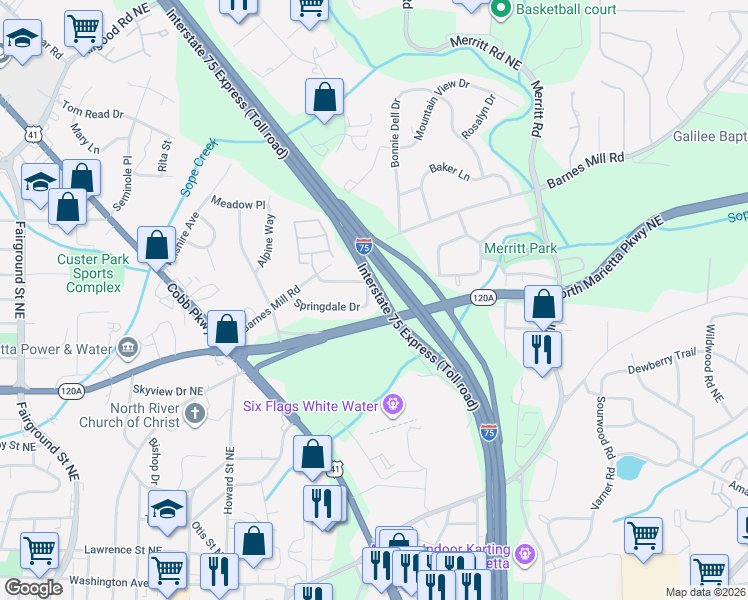 map of restaurants, bars, coffee shops, grocery stores, and more near 1014 Springdale Drive in Marietta