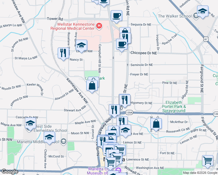 map of restaurants, bars, coffee shops, grocery stores, and more near 401 Church Street in Marietta