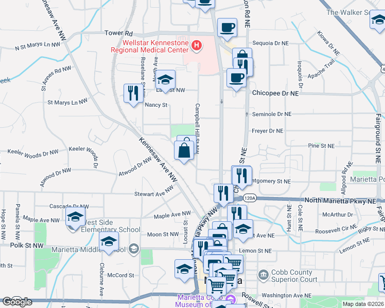 map of restaurants, bars, coffee shops, grocery stores, and more near 398 Campbell Hill Street Northwest in Marietta