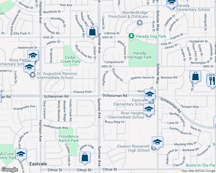 map of restaurants, bars, coffee shops, grocery stores, and more near 6945 Tiger Horse Circle in Corona