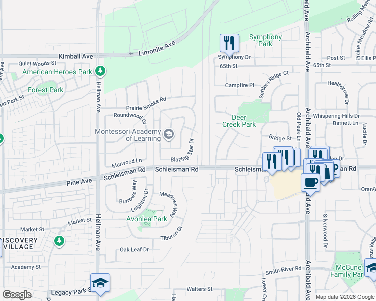 map of restaurants, bars, coffee shops, grocery stores, and more near 14694 Blazing Star Drive in Corona