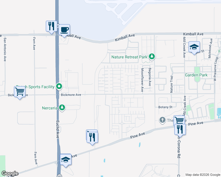 map of restaurants, bars, coffee shops, grocery stores, and more near 16062 Holstein Street in Chino