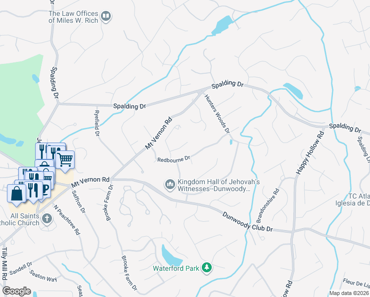 map of restaurants, bars, coffee shops, grocery stores, and more near 1770 Redbourne Drive in Atlanta