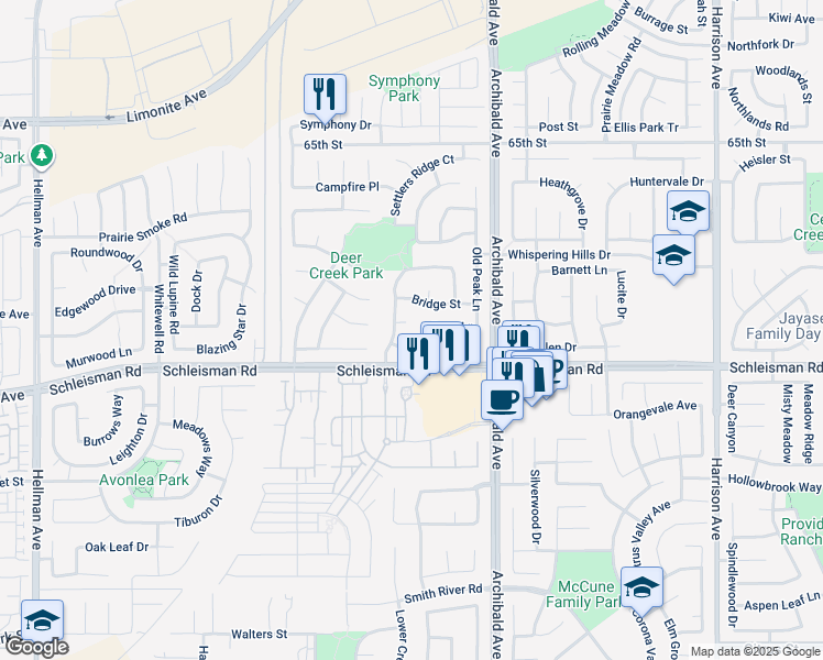 map of restaurants, bars, coffee shops, grocery stores, and more near 14373 Florence Street in Corona