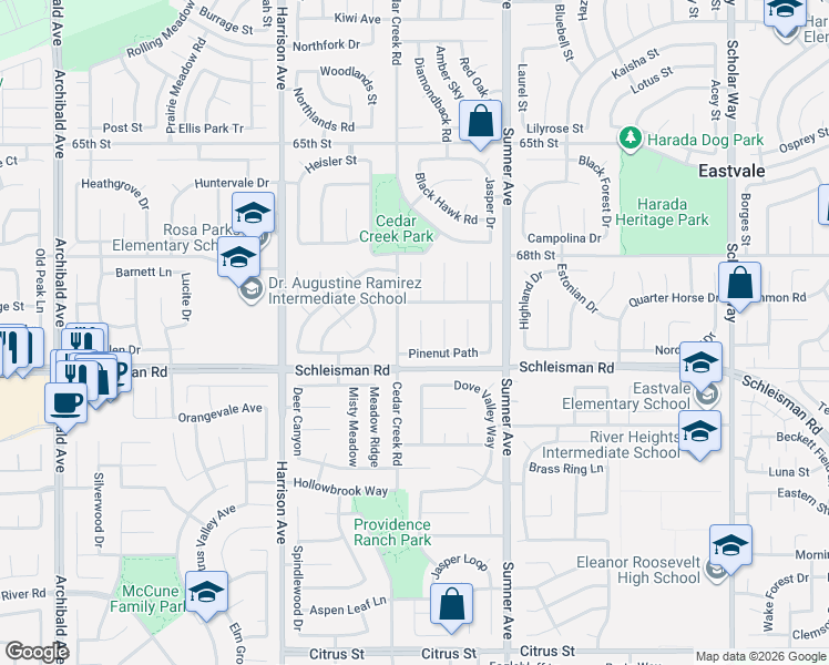 map of restaurants, bars, coffee shops, grocery stores, and more near 6947 Cottonwood Circle in Corona