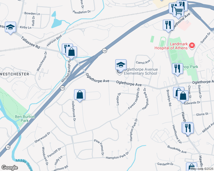 map of restaurants, bars, coffee shops, grocery stores, and more near 130 Breckenridge Lane in Athens