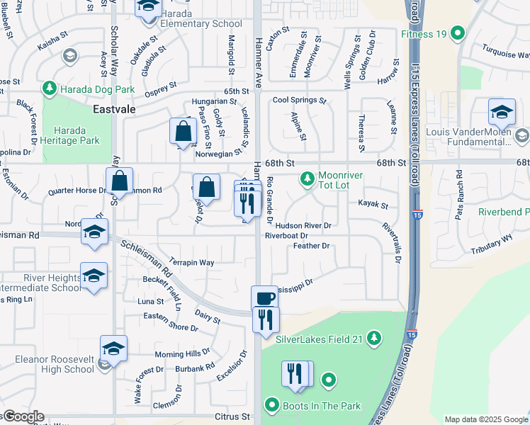 map of restaurants, bars, coffee shops, grocery stores, and more near 6933 Rio Grande Drive in Eastvale