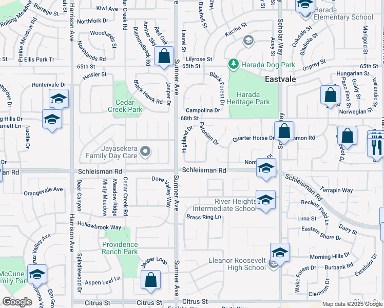 map of restaurants, bars, coffee shops, grocery stores, and more near 6945 Tiger Horse Circle in Corona