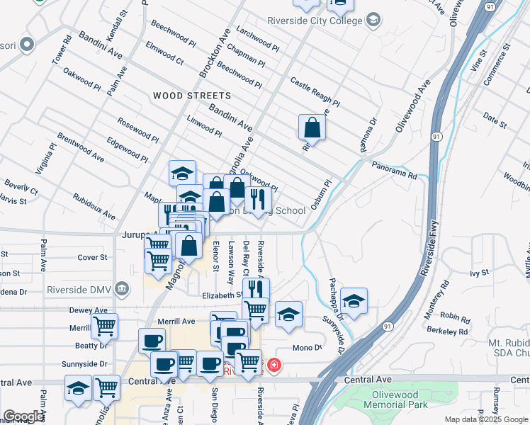 map of restaurants, bars, coffee shops, grocery stores, and more near 5715 Riverside Avenue in Riverside