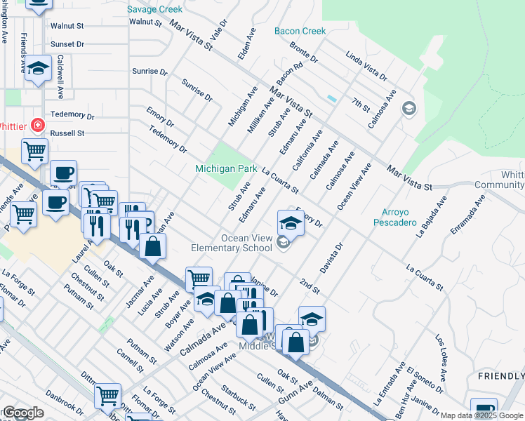 map of restaurants, bars, coffee shops, grocery stores, and more near 8359 California Avenue in Whittier
