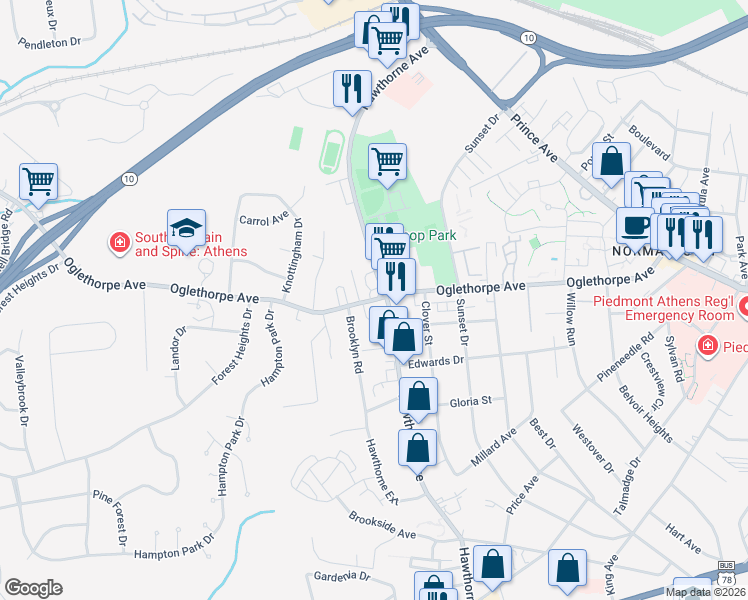 map of restaurants, bars, coffee shops, grocery stores, and more near Oglethorpe Avenue in Athens