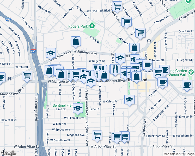map of restaurants, bars, coffee shops, grocery stores, and more near 303 West Manchester Boulevard in Inglewood