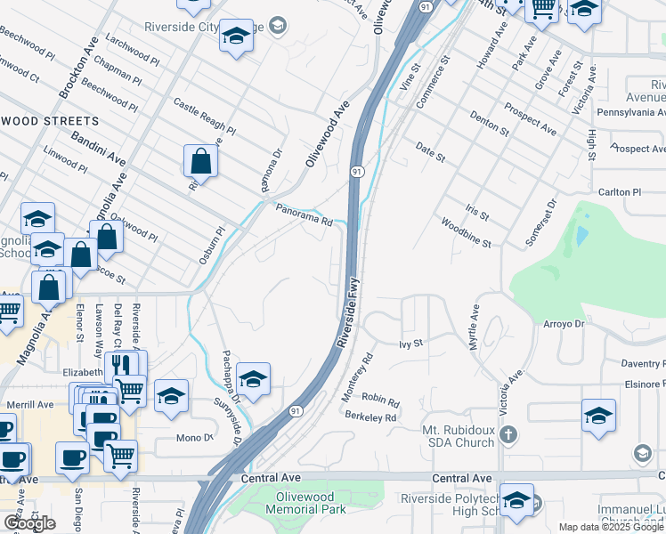 map of restaurants, bars, coffee shops, grocery stores, and more near 3076 Panorama Road in Riverside