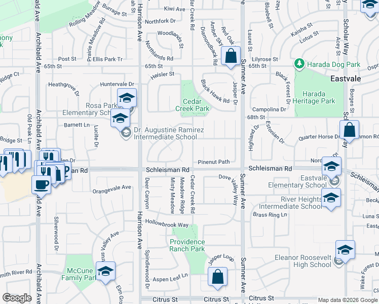 map of restaurants, bars, coffee shops, grocery stores, and more near 6945 Cedar Creek Road in Corona