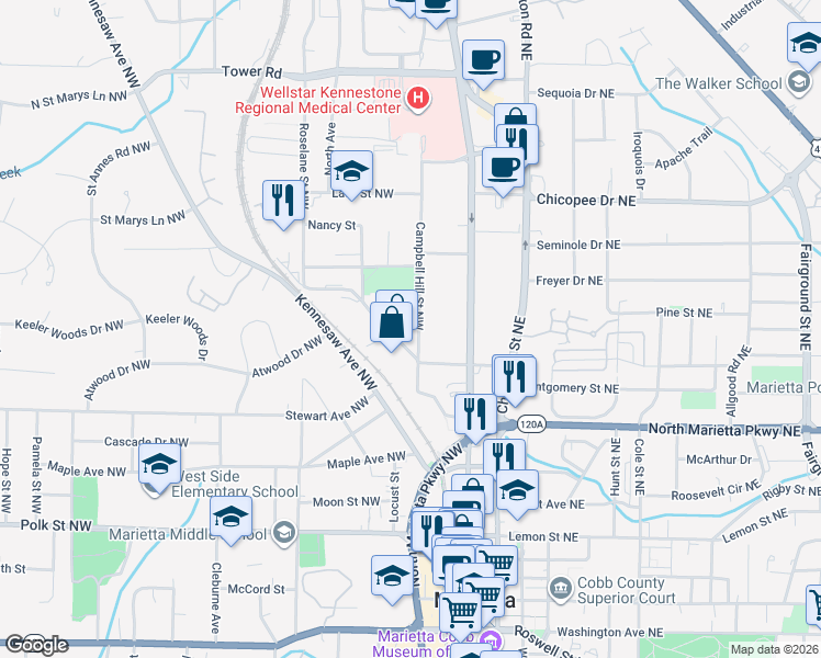 map of restaurants, bars, coffee shops, grocery stores, and more near 398 Campbell Hill Street Northwest in Marietta