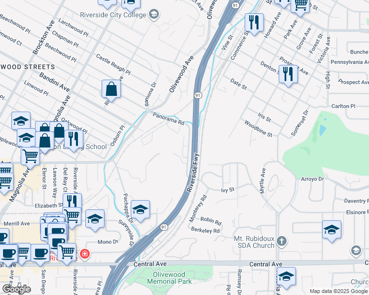 map of restaurants, bars, coffee shops, grocery stores, and more near 3076 Panorama Road in Riverside
