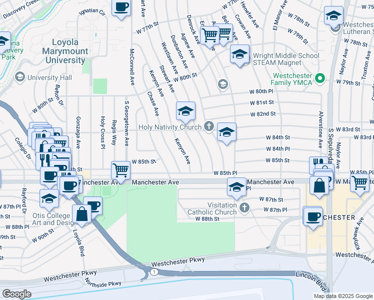 map of restaurants, bars, coffee shops, grocery stores, and more near 8369 Kenyon Avenue in Los Angeles