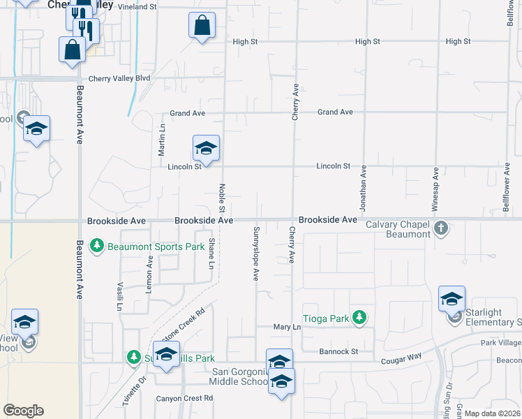 map of restaurants, bars, coffee shops, grocery stores, and more near 39894 Brookside Avenue in Cherry Valley