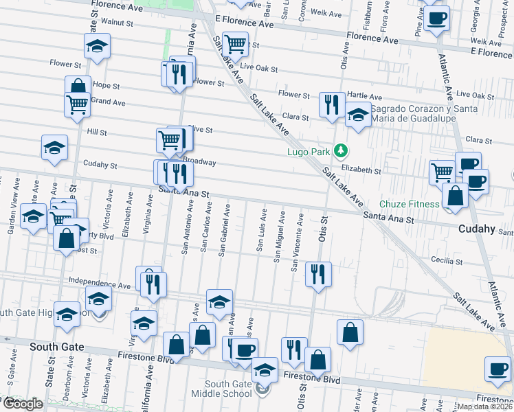 map of restaurants, bars, coffee shops, grocery stores, and more near 8126 San Juan Avenue in South Gate