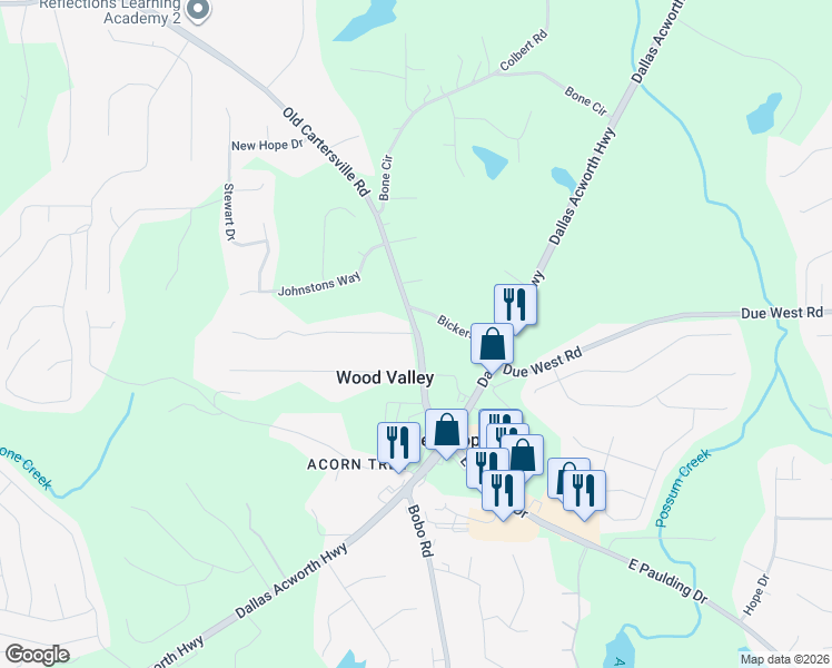 map of restaurants, bars, coffee shops, grocery stores, and more near Marty Lane in Paulding County