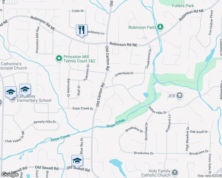 map of restaurants, bars, coffee shops, grocery stores, and more near 3110 Indian Hills Drive in Marietta