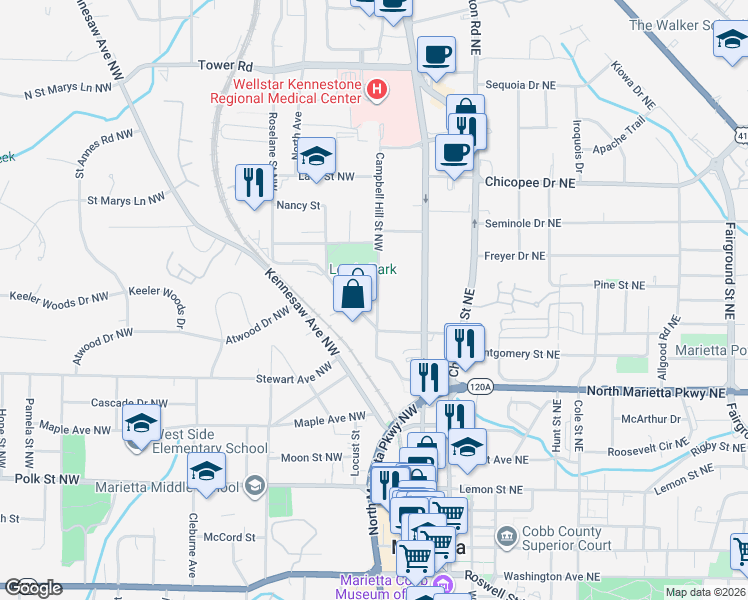 map of restaurants, bars, coffee shops, grocery stores, and more near 398 Campbell Hill Street Northwest in Marietta