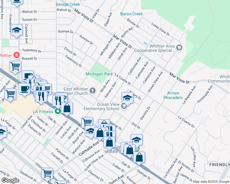 map of restaurants, bars, coffee shops, grocery stores, and more near 8359 California Avenue in Whittier