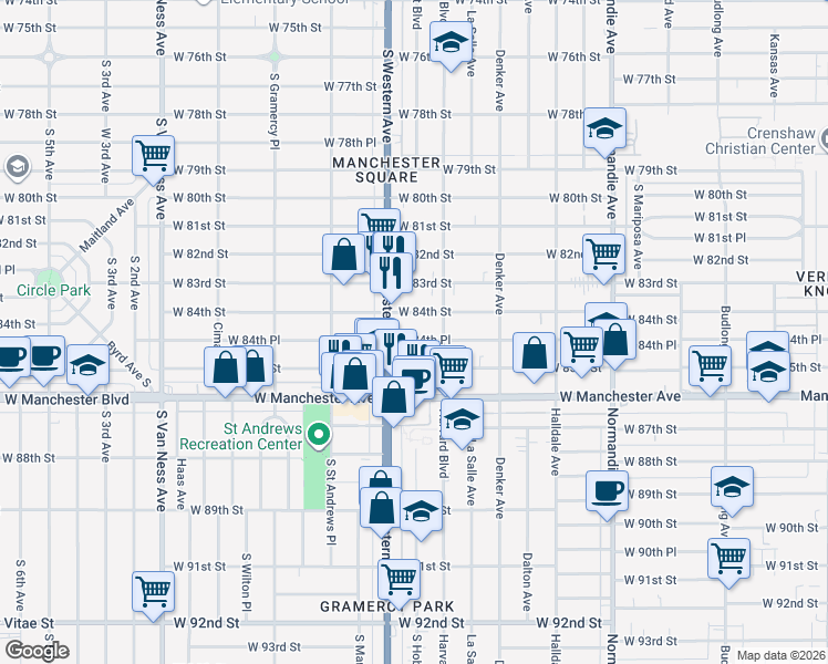 map of restaurants, bars, coffee shops, grocery stores, and more near 1732 West 84th Place in Los Angeles