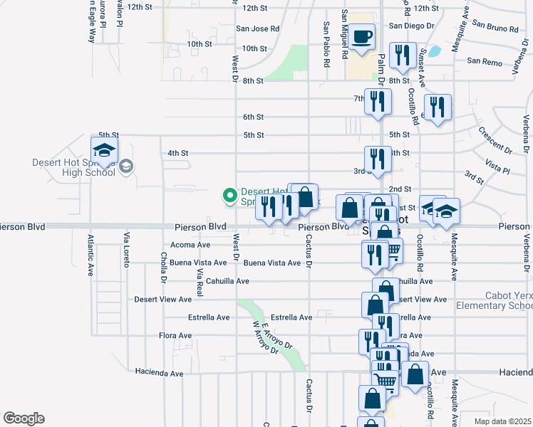 map of restaurants, bars, coffee shops, grocery stores, and more near 66121 Pierson Boulevard in Desert Hot Springs