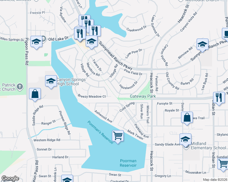 map of restaurants, bars, coffee shops, grocery stores, and more near 23741 Redbark Drive in Moreno Valley