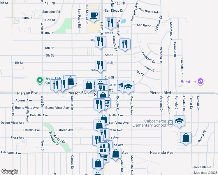 map of restaurants, bars, coffee shops, grocery stores, and more near 66565 Pierson Boulevard in Desert Hot Springs