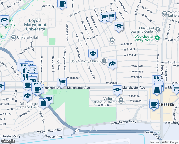 map of restaurants, bars, coffee shops, grocery stores, and more near 8369 Kenyon Avenue in Los Angeles