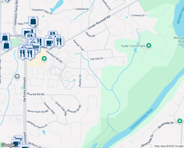 map of restaurants, bars, coffee shops, grocery stores, and more near 692 Willow Mill Court in Marietta