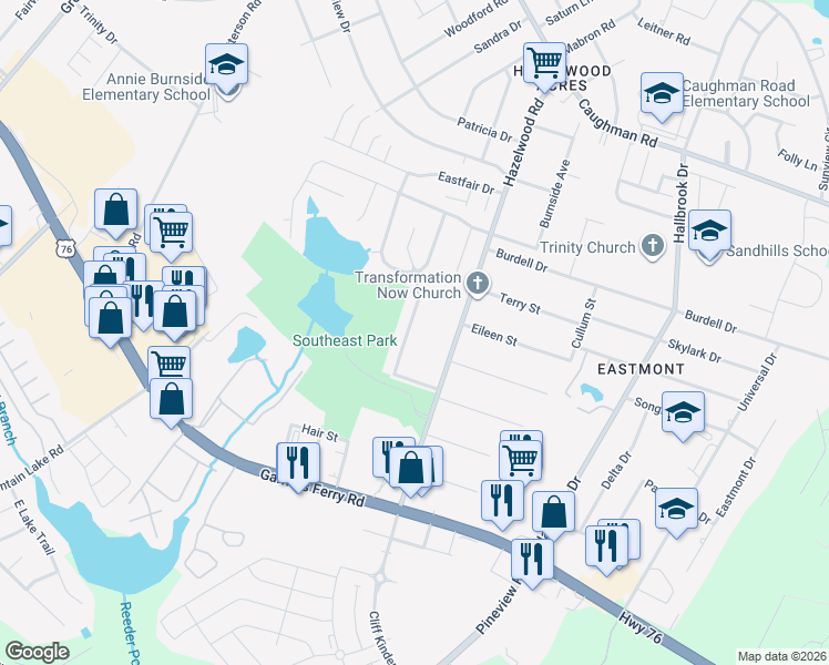 map of restaurants, bars, coffee shops, grocery stores, and more near 1025 Hazelwood Road in Columbia
