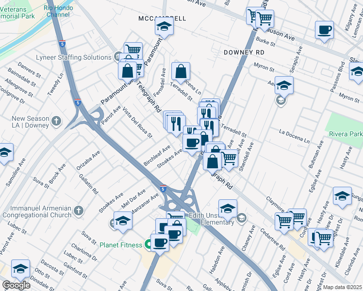 map of restaurants, bars, coffee shops, grocery stores, and more near 8823 Manzanar Avenue in Downey