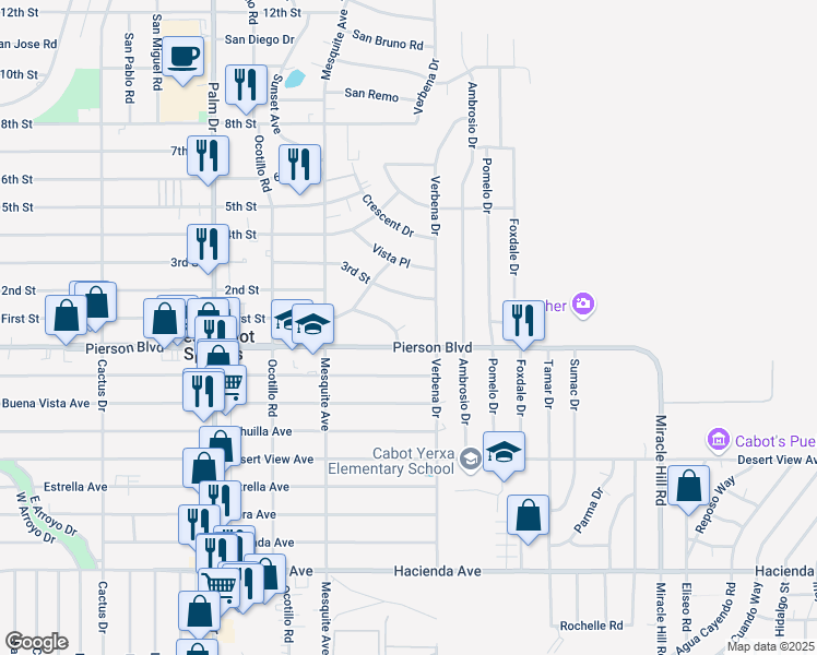 map of restaurants, bars, coffee shops, grocery stores, and more near 66977 Pierson Boulevard in Desert Hot Springs