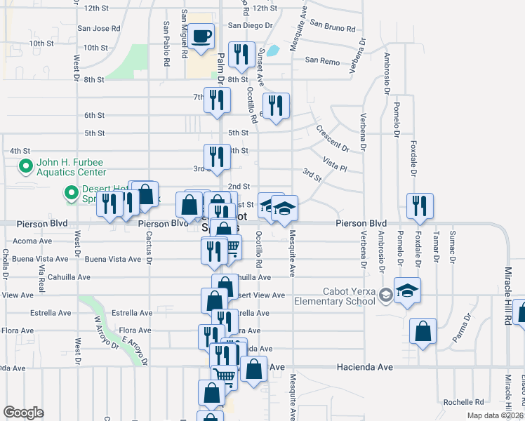 map of restaurants, bars, coffee shops, grocery stores, and more near 66620 Pierson Boulevard in Desert Hot Springs
