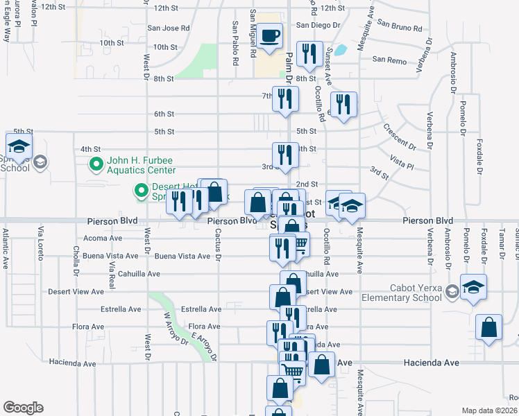 map of restaurants, bars, coffee shops, grocery stores, and more near 66396 Pierson Boulevard in Desert Hot Springs