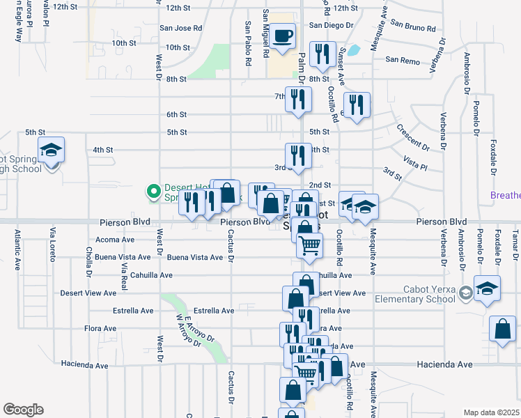 map of restaurants, bars, coffee shops, grocery stores, and more near 66396 Pierson Boulevard in Desert Hot Springs