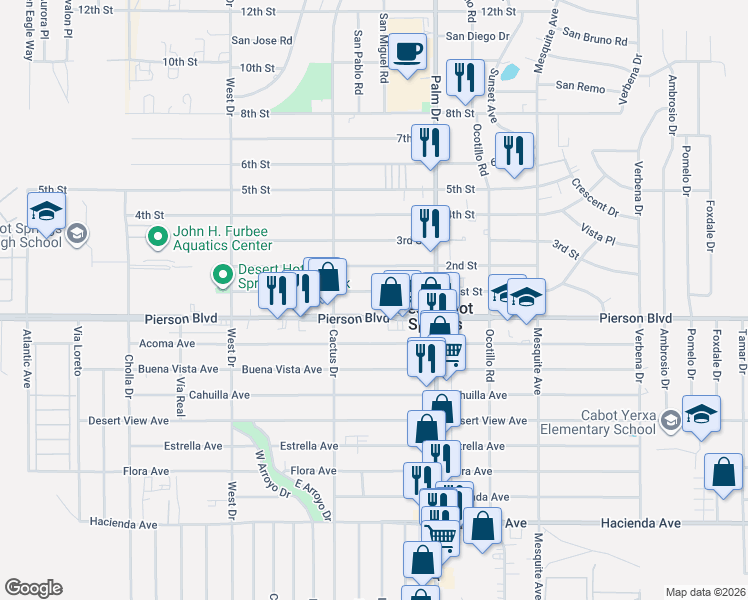 map of restaurants, bars, coffee shops, grocery stores, and more near 66396 Pierson Boulevard in Desert Hot Springs