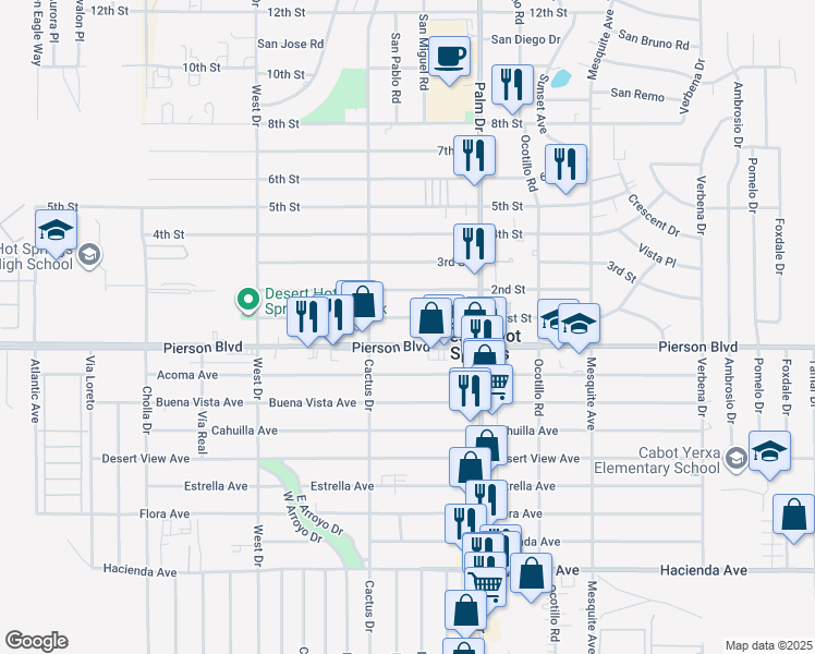 map of restaurants, bars, coffee shops, grocery stores, and more near 66396 Pierson Boulevard in Desert Hot Springs